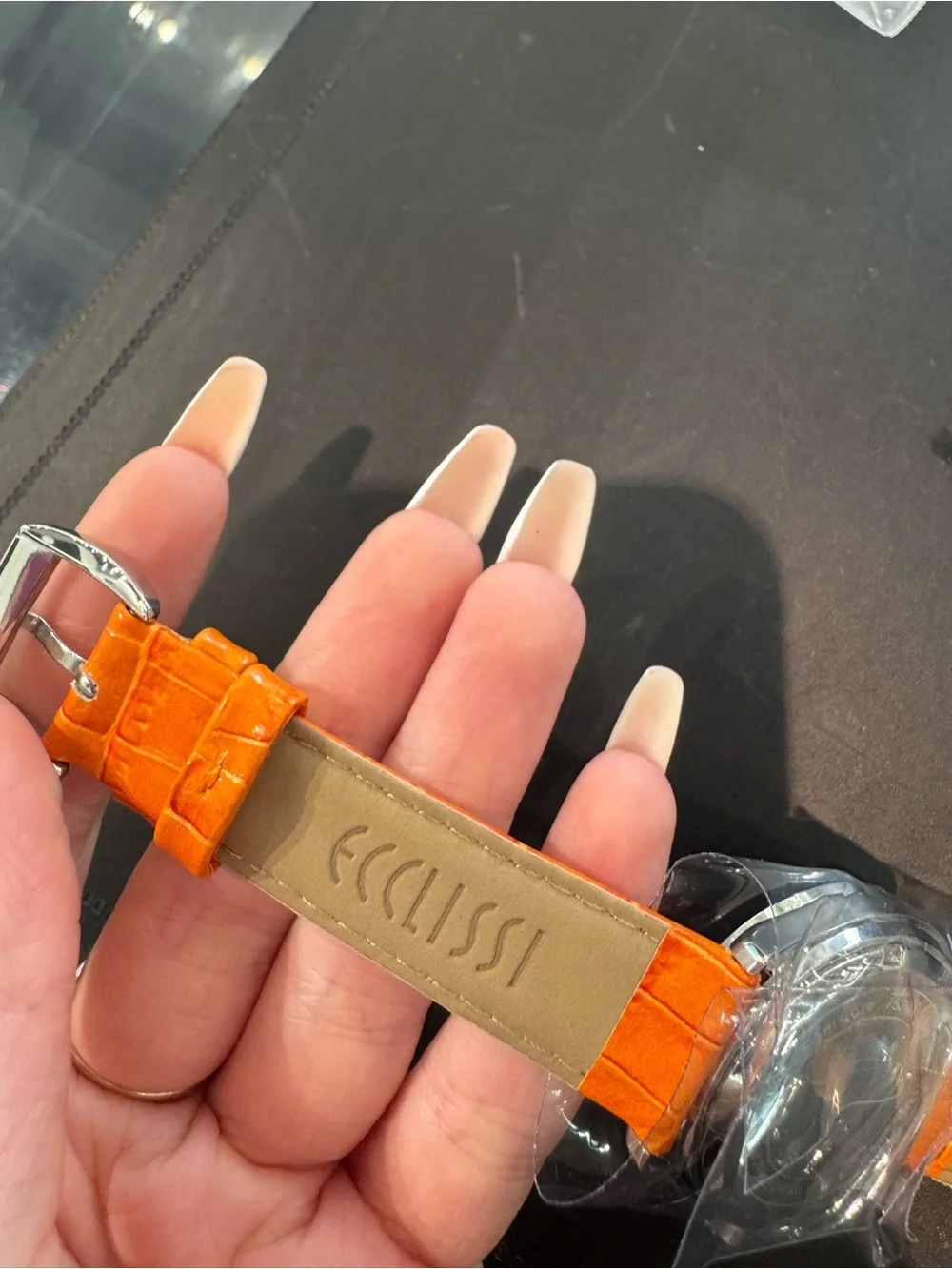 Ecclissi Orange Dial Stainless Steel Watch Croc Embossed Leather Strap Day Date
